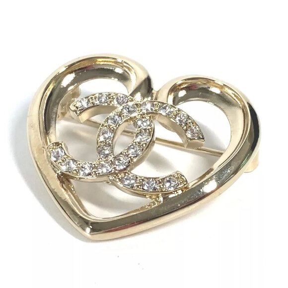 CHANEL P23C CC CC Mark Heart Rhinestone Accessories Brooch Metal Gold Unused - Picture 1 of 8